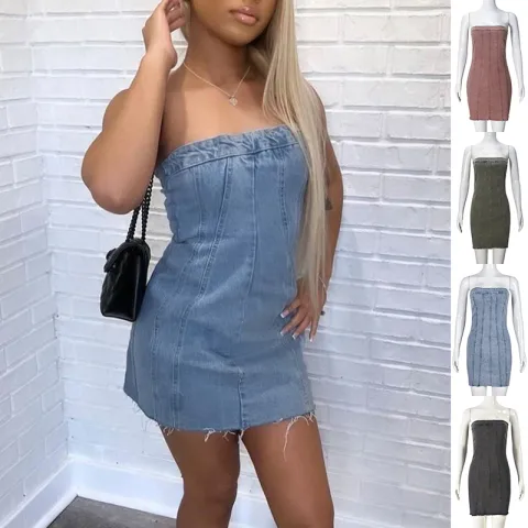 Fashion Backless Tube Denim Dress Summer Sexy Y2K Slim