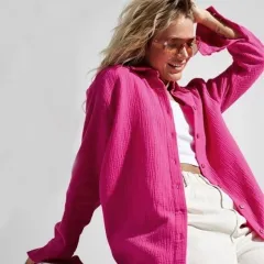 Loose Casual Cotton Long Sleeve Mid-length Shirt - Rose - View 1