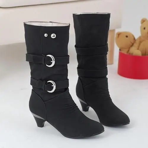 Soft Leather Mid tube Wedge Heel Soft Leather Belt Buckle Martin Boots Black - Shop at LoveMi