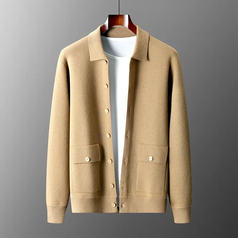 Men's Polo Collar Solid Color Wool Cardigan Autumn Winter