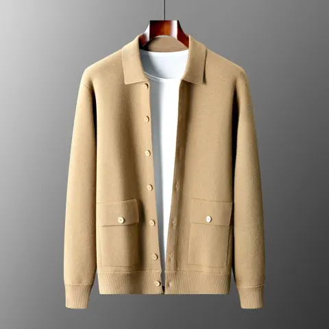 Men's Polo Collar Solid Color Wool Cardigan Autumn Winter