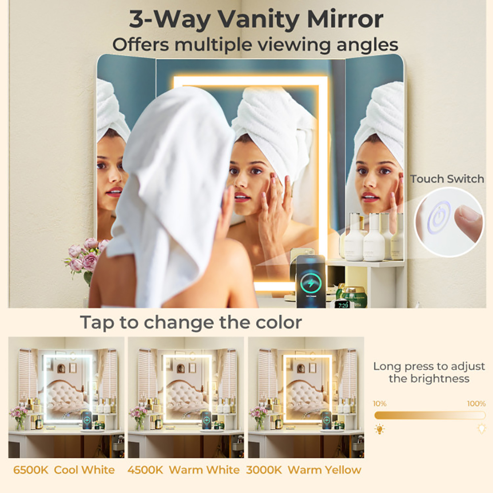 Corner Vanity Desk With Mirror And Lights Makeup Dressing Table With Triple Mirror 7