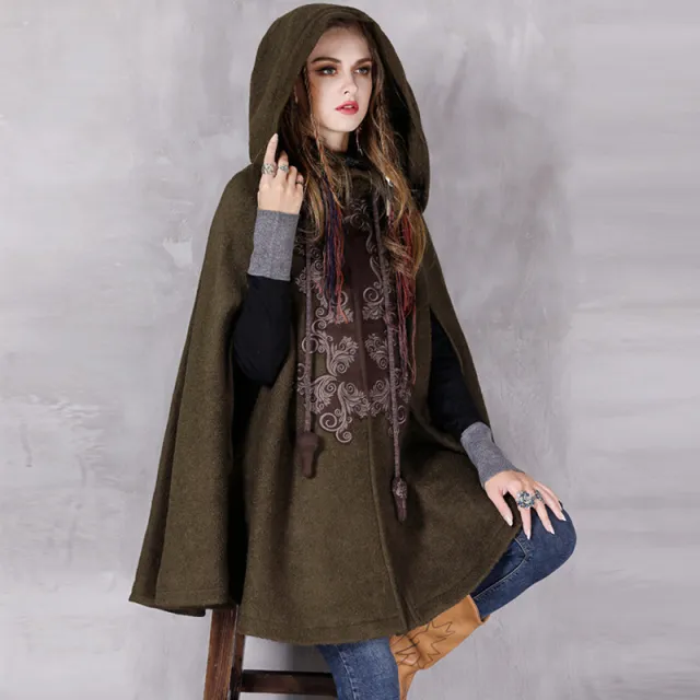 Women's Hooded Embroidery Loose Woolen Cloak Coat Dark Green - Shop at LoveMi
