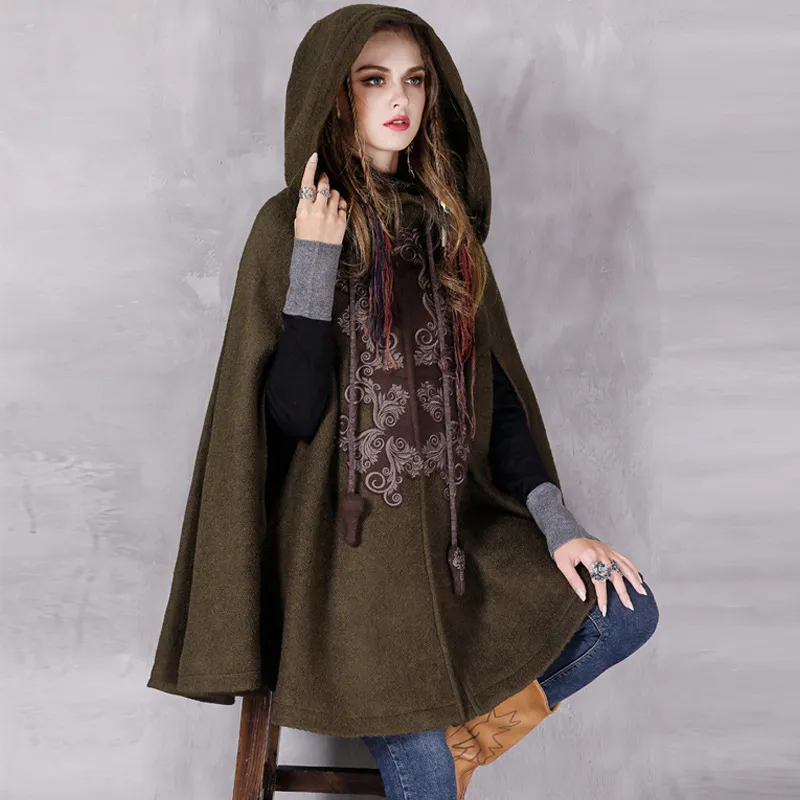 Women's Hooded Embroidery Loose Woolen Cloak Coat - Dark Green