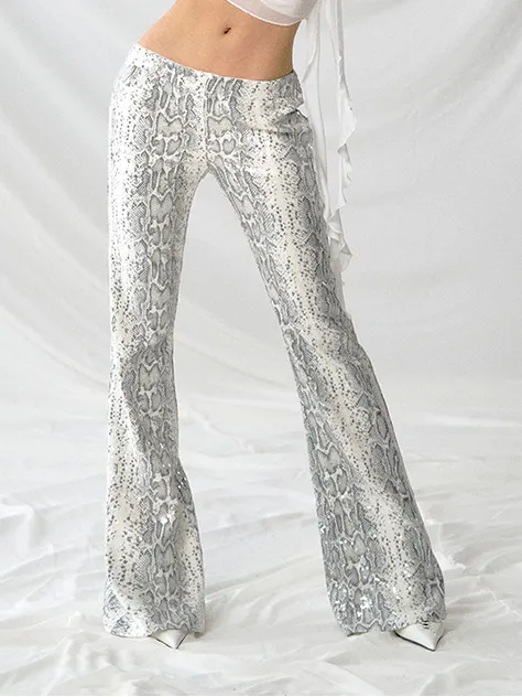 Low Rise Snake Print Sequin Slim Fit Flared Pants Grey - Shop at LoveMi