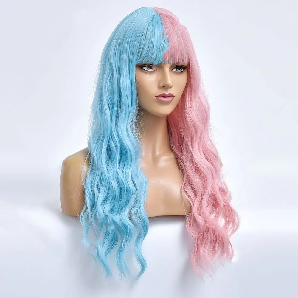 Women's Blue Pink Long Curly Hair Chemical