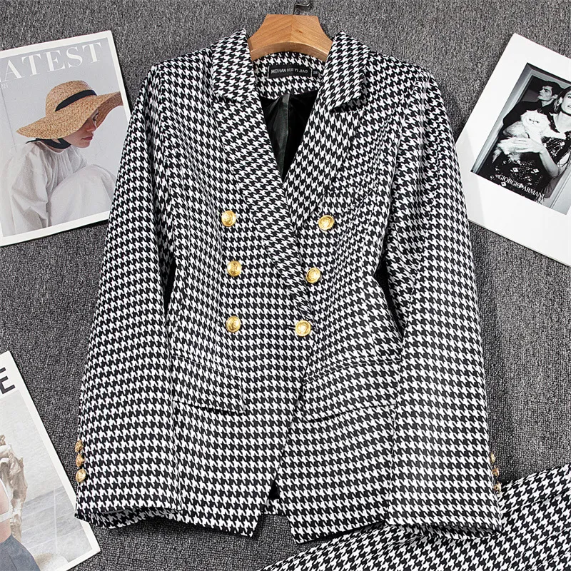 Small-sized Retro Suit Jacket Slim-fit Fashion Women's Casual Design Top Suit Jacket Set - Houndstooth