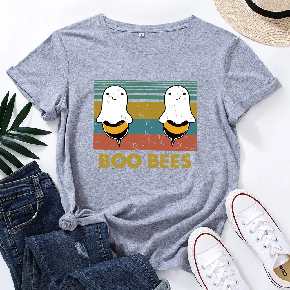 Women's Loose Round Neck Creative Short-sleeved T-shirt Women - Light Grey