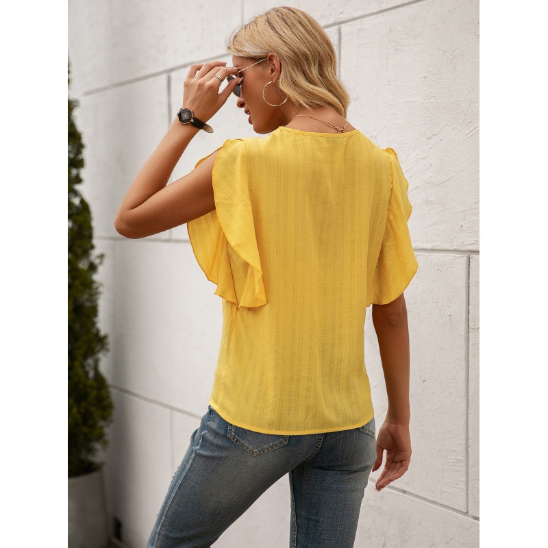 Title 1, Solid Color Lotus Leaf Sleeve V-neck Shirt