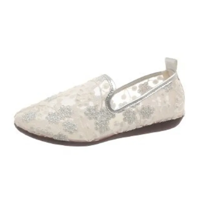 New Lace Embroidered Flat Shoes Summer Breathable Casual Loafers For Women White - Shop at LoveMi
