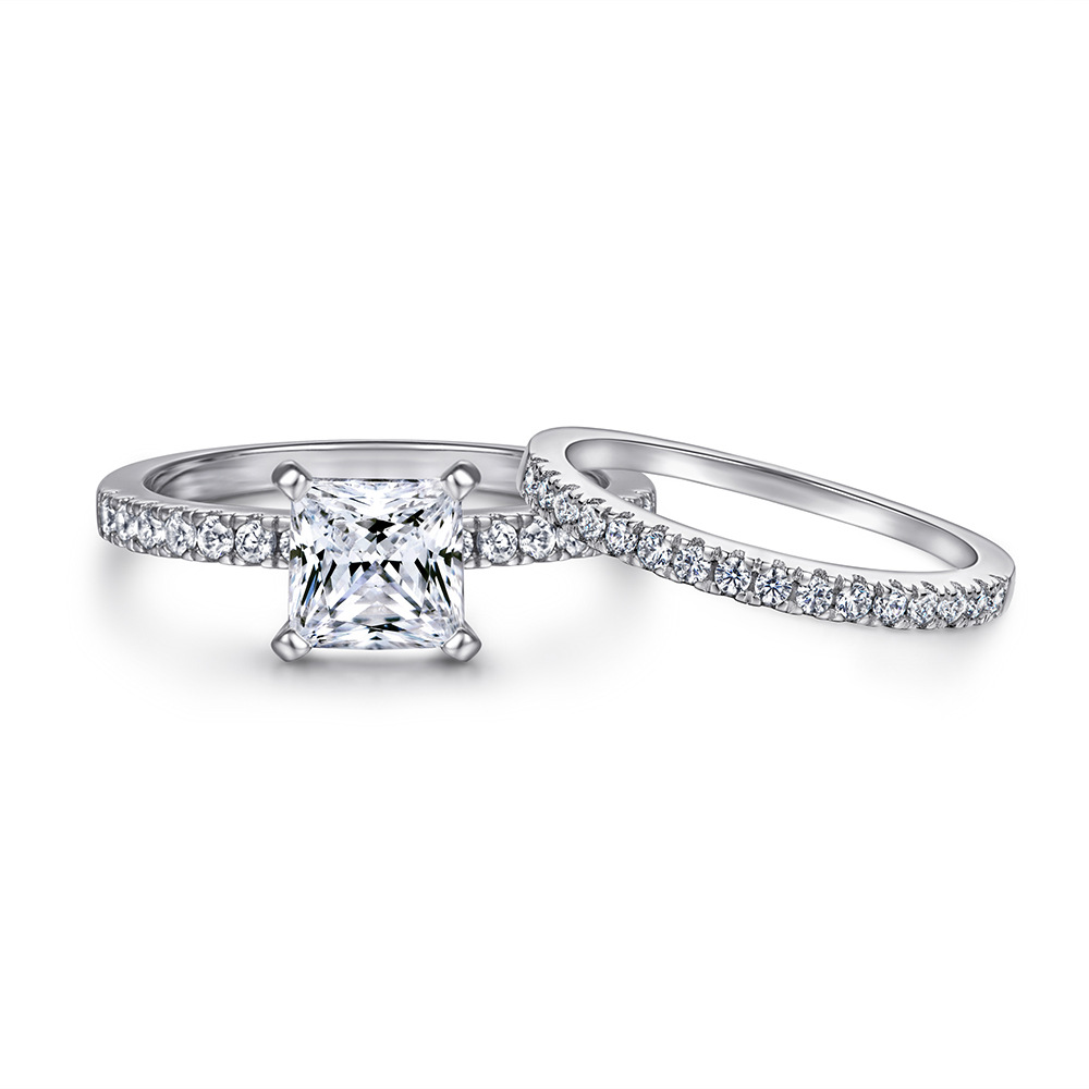 925 Sterling Silver Square Diamond Princess Simple Personality 18K Couple Two-in-one Set Ring