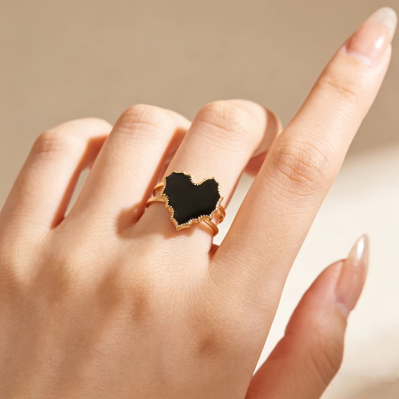 French Retro Heart Ring, Red Black White Enamel Heart Band, Minimalist Luxury Personalized Ring, Stainless Steel Heart Gold Frame Open Adjustable Ring