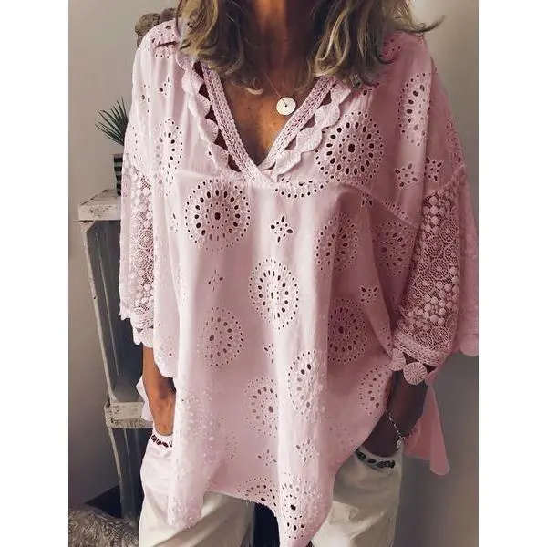 Women's Plus Size Casual Pierced Embroidery European And Beautiful Shirt Pink - Shop at LoveMi