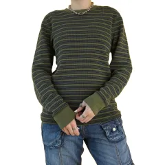 Colourful Stripe Splice Long Sleeve T-Shirt Round Neck Colour Contrast Top - Navy - View 1