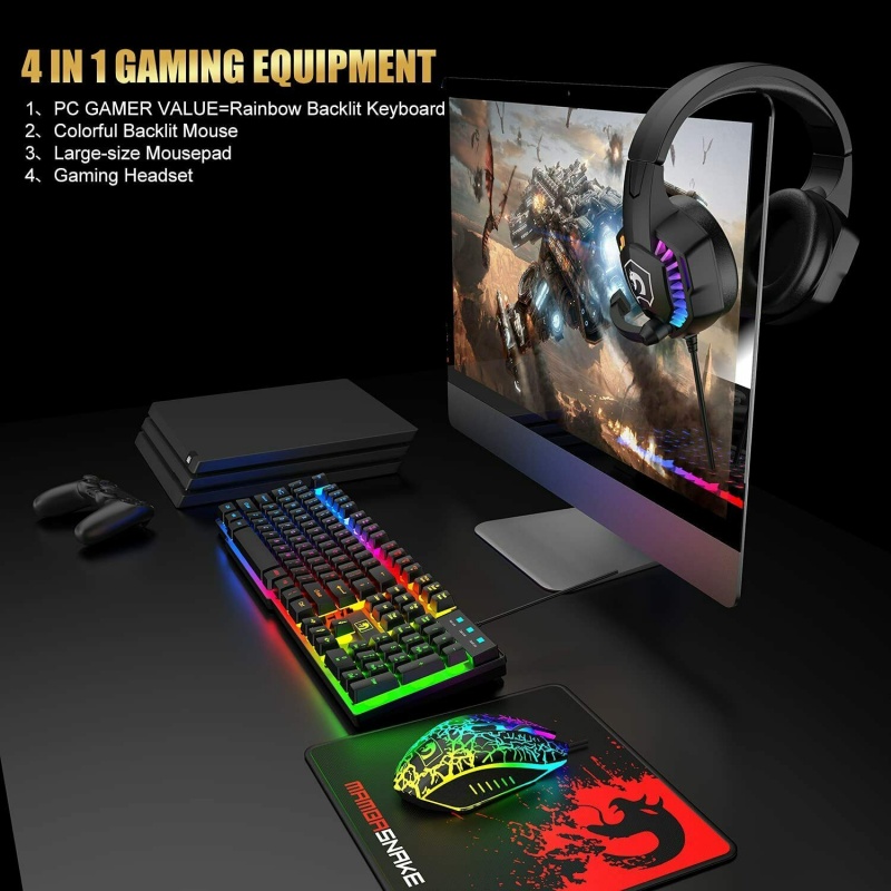 Gaming Keyboard & Mouse & Headset & Mousepad Set RGB Backlit Wired For PC Laptop