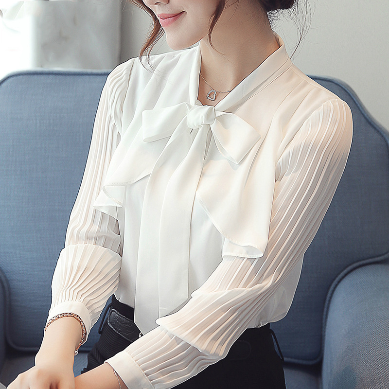 Title 4, Bowknot Chiffon Shirt Solid Color All-match