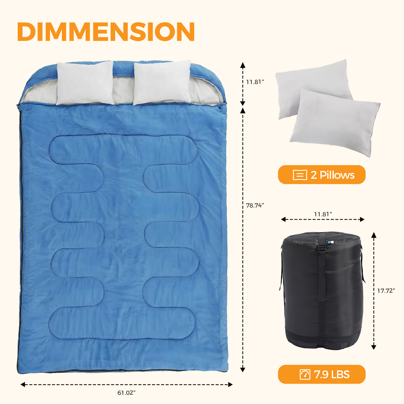 Adult Double Warm Sleeping Bag With Pillow, Lightweight, Portable And Compact Double Sleeping Bag
