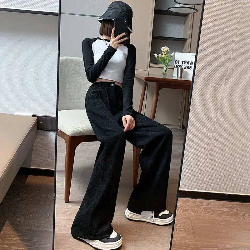 Corduroy Wide Leg Pants High Waist Loose Straight Drape Casual Retro