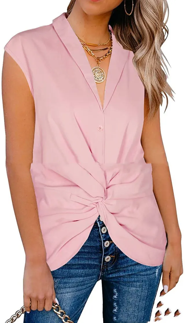 European And American Style Top V neck Front Kink Vest Shirt Pink - Shop at LoveMi