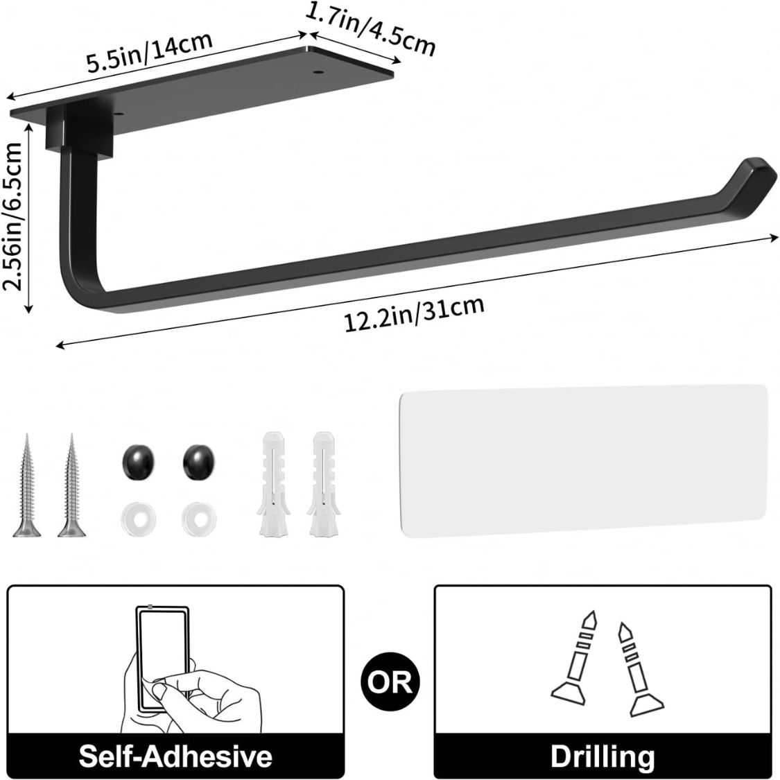 Paper Towel Holder Self Adhesive Or Drilling Matte Black Upgraded Aluminum Kitchen Roll Dispenser Under Cabinet Lighter But Stronger Than Stainless Steel — foto 5