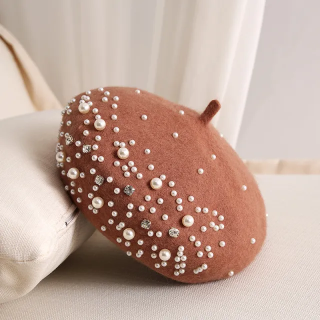 Ladies Small Fragrance Pearl Rhinestone Wool Beret Camel - Shop at LoveMi