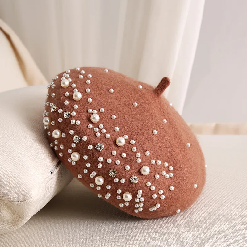 Ladies Small Fragrance Pearl Rhinestone Wool Beret - Camel