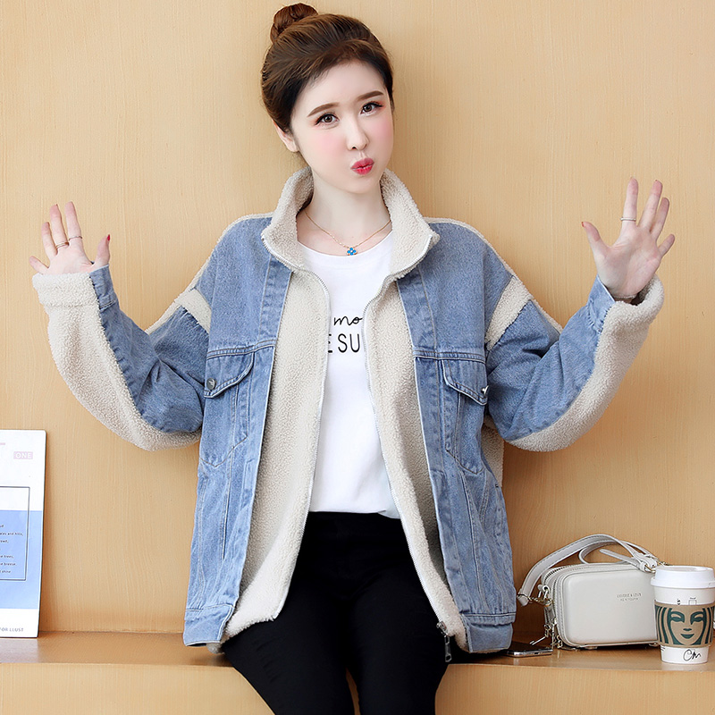 Women Denim Stitching Lamb Wool Coat Autumn And Winter Blue And White - Shop at LoveMi