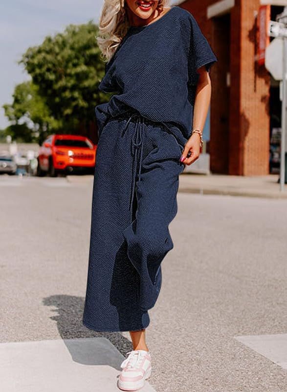 Solid Color Texture Casual Fashion Women's Wear Short sleeved Trousers Two piece Set Dark Blue - Shop at LoveMi