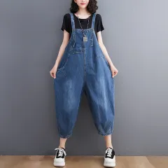 Women's New Real Shot Denim Washed Overalls - View 1