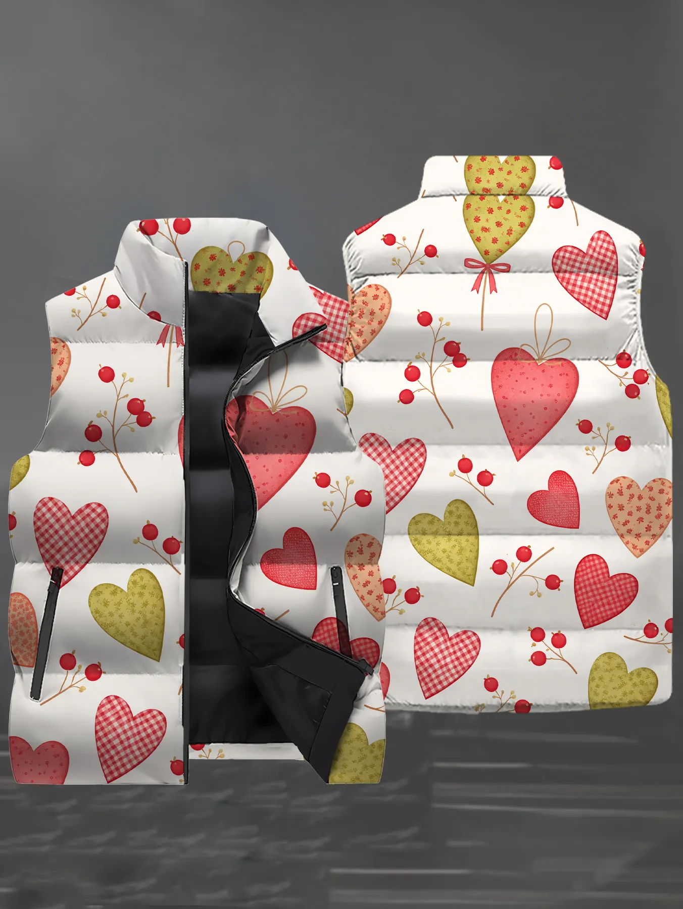 Men Heart Leopard Print Puffer Vest Stand