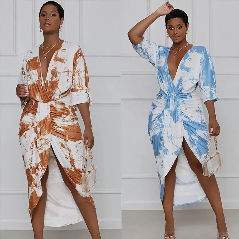 V-neck Three Quarter Sleeve Irregular Fashion Print Dress