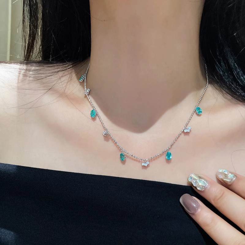 Light Luxury Elegant Clavicle Necklace For Women, Island Story Style Lake Blue & Paraiba Tone Green Simulated Crystal Pendant, Heart Rhinestone Tassel Neck Jewelry — view 6
