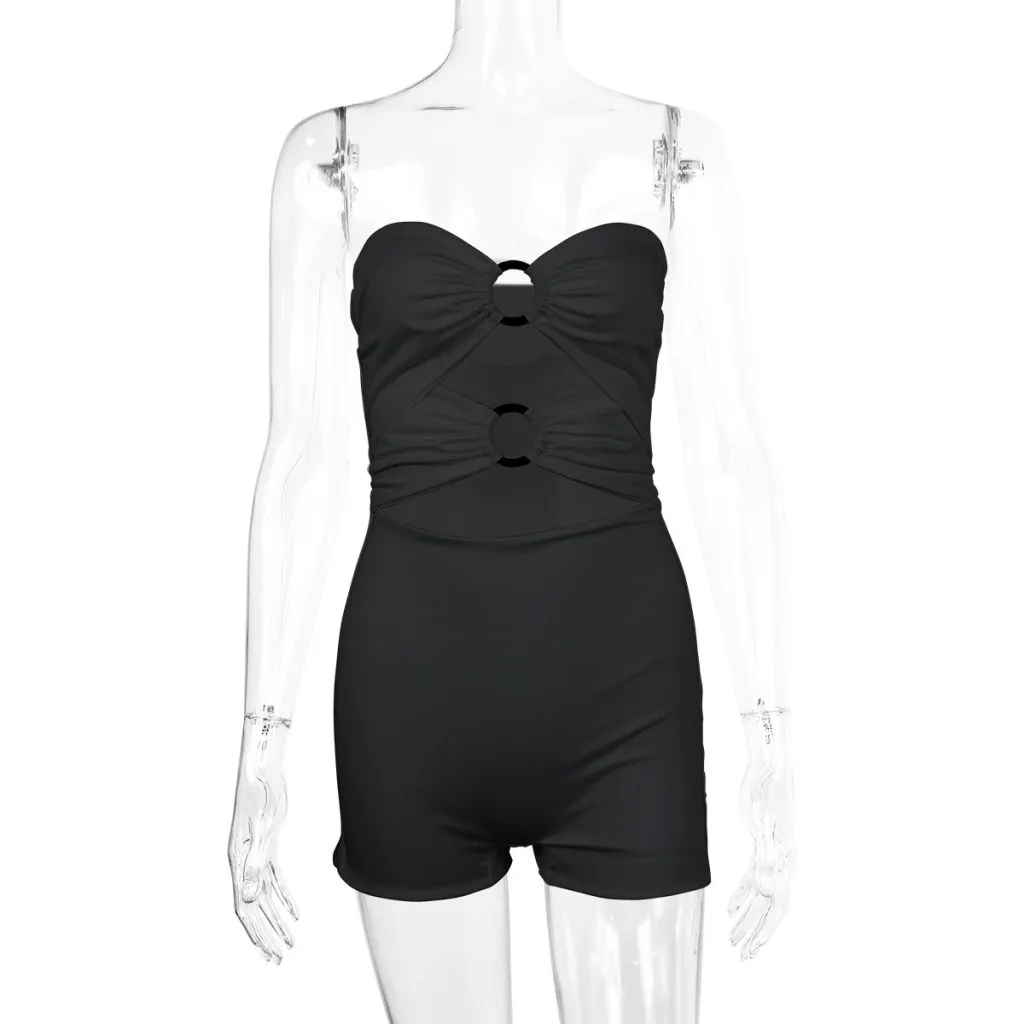 European And American Tube Top Hollow Resin Ring Pleated Jumpsuit - Black