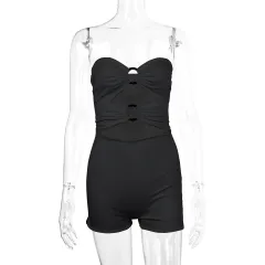 European And American Tube Top Hollow Resin Ring Pleated Jumpsuit - Black - View 1
