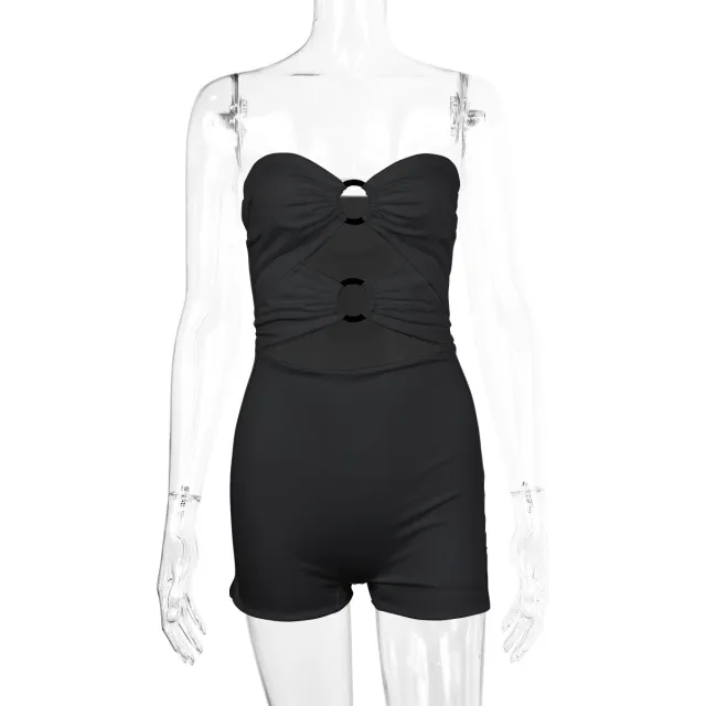 European And American Tube Top Hollow Resin Ring Pleated Jumpsuit Black - Shop at LoveMi