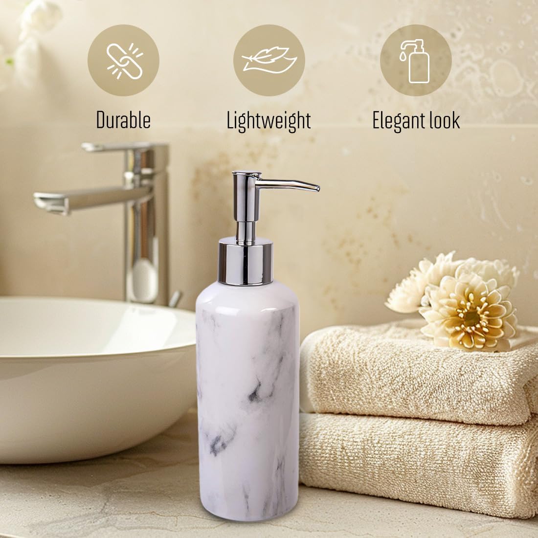 White Ceramic Soap And Lotion Dispenser 2.5x8 Inch, Marble Design Pump Bottle For Bathroom Kitchen Countertop Decor 4