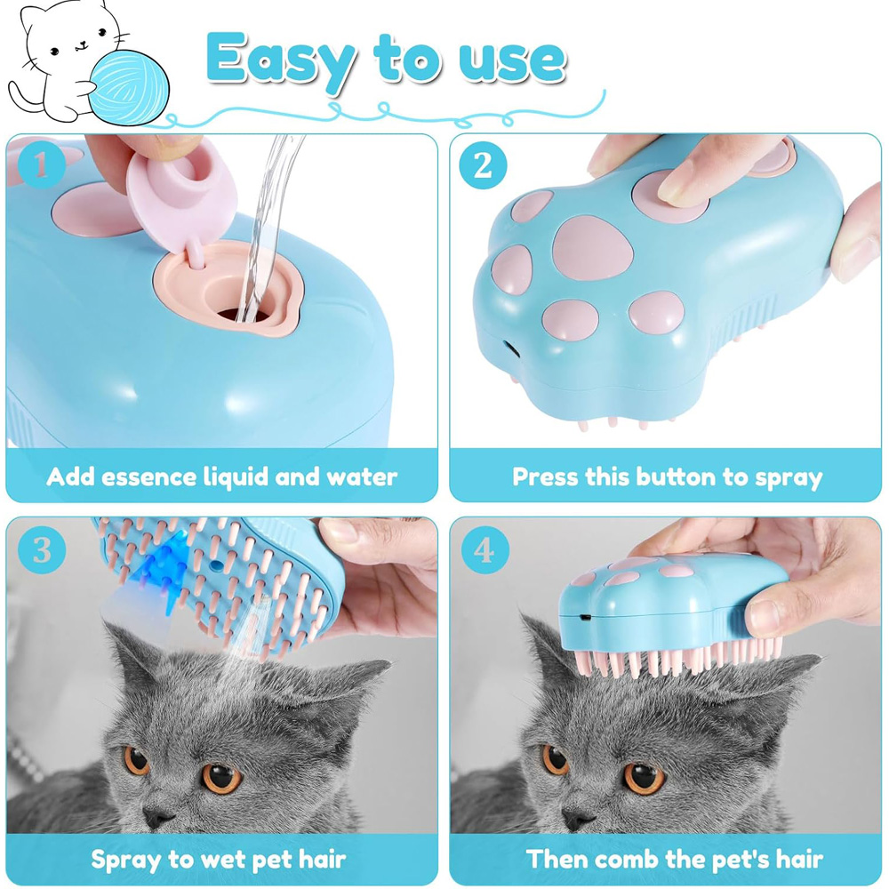 Rechargeable Steam Cat Brush, Cute Paw Shape Pet Steamer Grooming Brush With Soft Silicone Teeth For Dog Cat Massage, Shedding & Hair Removal thumbnail 9