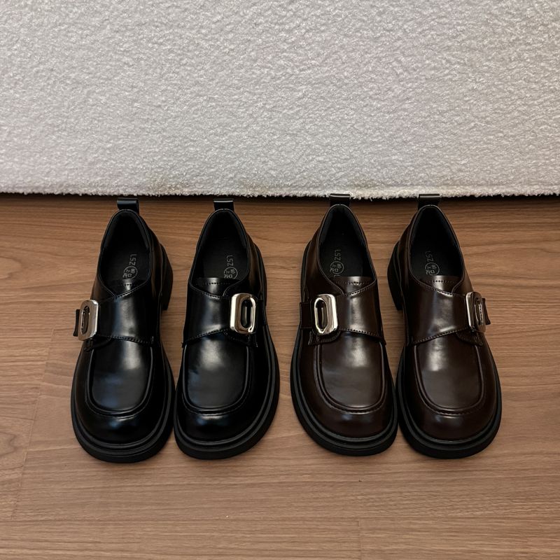 Women Preppy JK Uniform Single Square Metal Buckle Platform Loafers, Round Toe Chunky Thick Sole Vintage Glossy Leather Casual Student Daily Walking Shoes Black Dark Brown