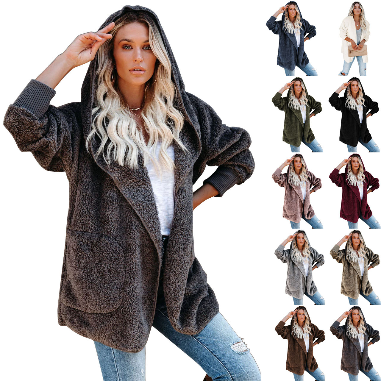 Title 10, Giacca cardigan con cappuccio in peluche casual