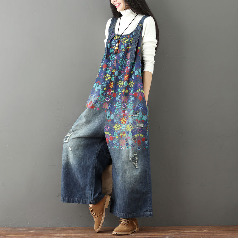 Women's New Printed Denim Frayed White Ripped Wide Leg Overalls