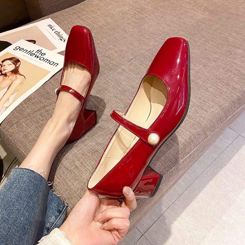 French Retro One Word With New Square Toe Mary Jane Shoes Wine - Shop at LoveMi