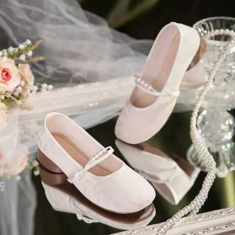 Vintage Mary Jane Shoes - Pearl Chunky Heel Slip-On Satin Flats, Shallow-Cut Cloth Shoes, Elegant Qipao Matching Women S Shoes