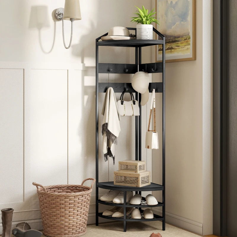 Corner Hall Tree, Industrial 4-Tier Coat Rack With Shoe Storage, 8 Movable Hooks And 2 Shelves For Hallway, Black