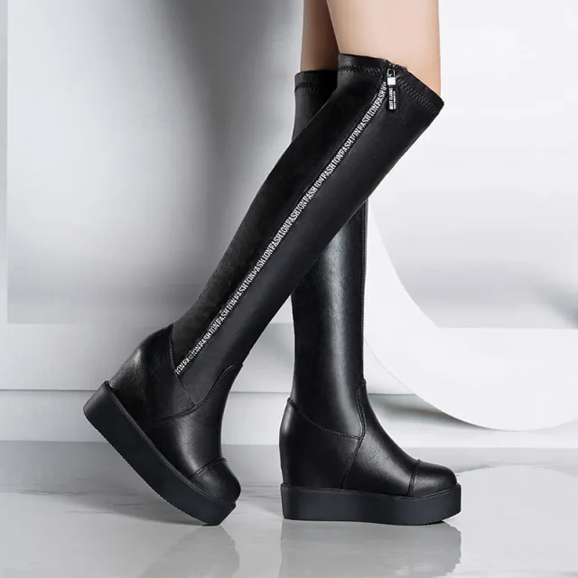 Over the knee Long tube Wedge Heel Heightening And Slimming Stretch Boots Black - Shop at LoveMi