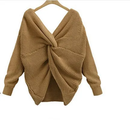 V neck Cross Backless Sweater Sexy Long sleeved Sweater Grain Yellow - Shop at LoveMi