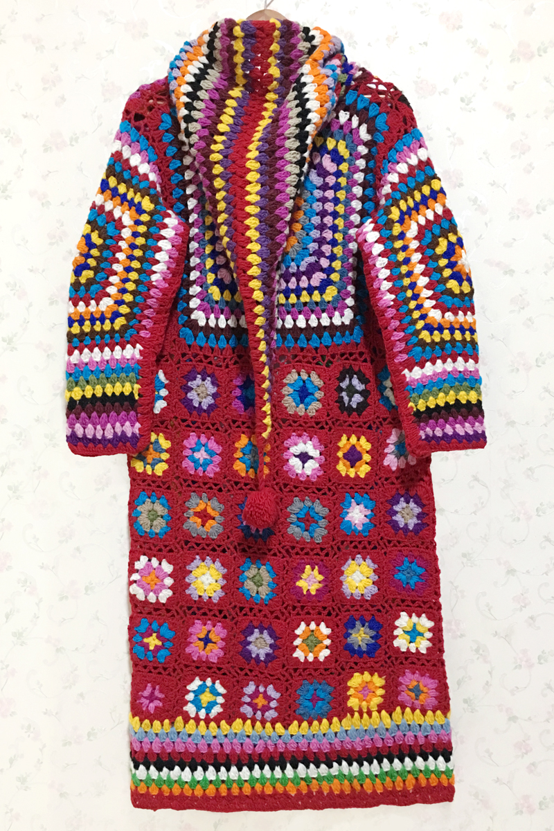 Women's Autumn Hollow Crocheted Ethnic Color Square Wool Sweater Coat