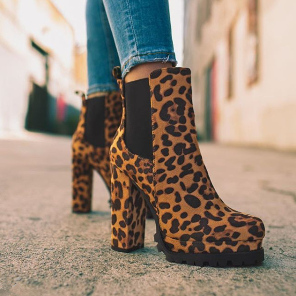 Round toe Ankle Boots Solid Leopard Print Thick Square High Heel Shoes Ladies Casual Fashion Autumn Winter Suede Dress Party Boots Leopard - Shop at LoveMi