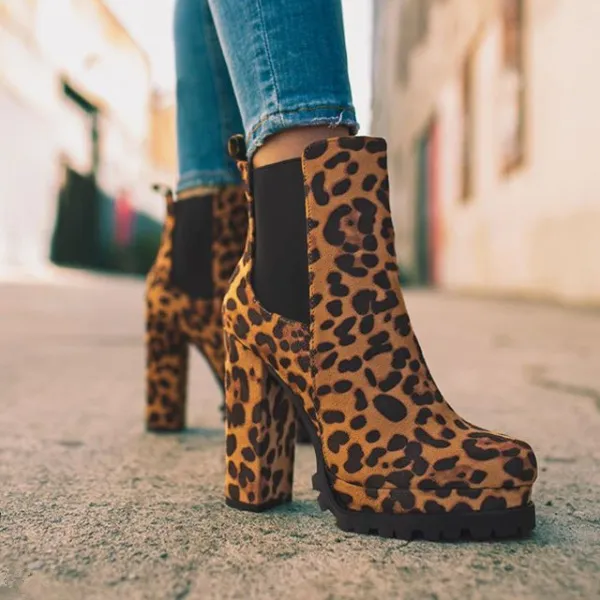 Round-toe Ankle Boots Solid Leopard Print Thick Square High Heel Shoes Ladies Casual Fashion Autumn Winter Suede Dress Party Boots - Leopard