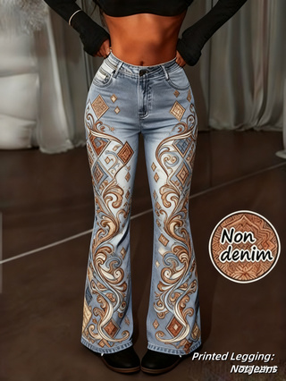 Pantalon évasé femme rétro imprimé, taille haute à bouton unique – Color1, XXL