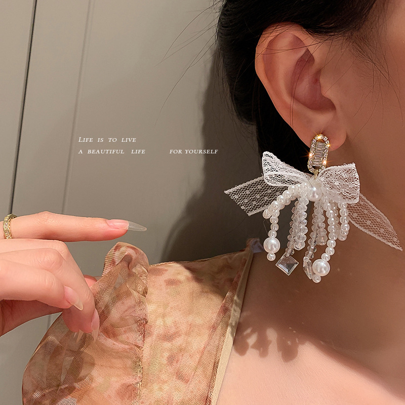 Silver Needle, Pearl, Crystal, Diamond And Zircon Bow Stud Earrings